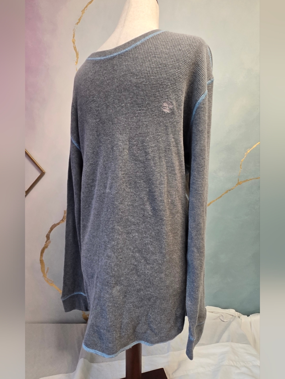 Timberland Y2k Long-Sleeve Waffle Knit Themal Grey Light Blue Trim Shirt L